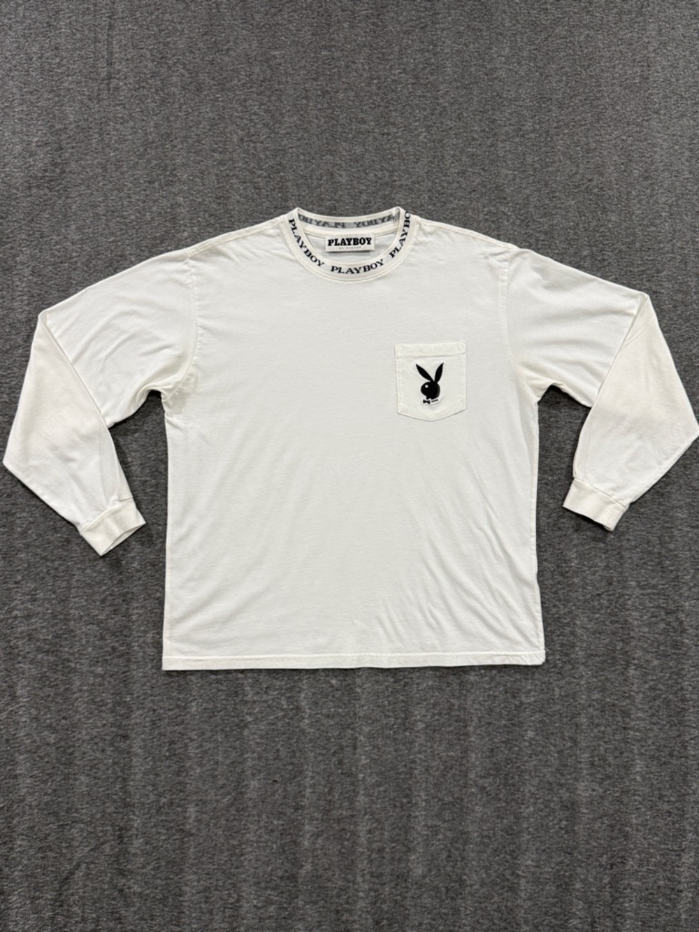 PLAYBOY by PacSun White Long Sleeve Pocket Tee with Black Bunny Logo Y2K